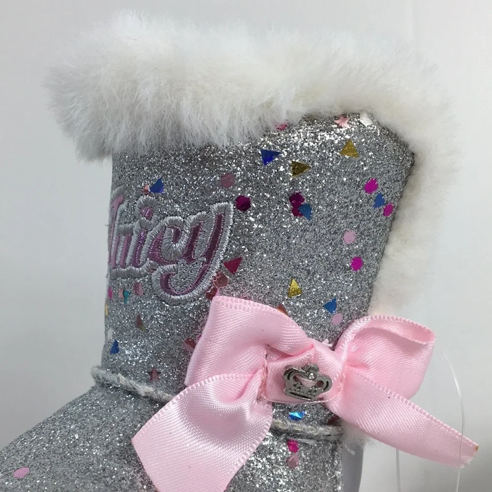 Juicy Couture Silver Glitter Sparkle Cerritos Boot Faux Fur Size 3m NEW In Box